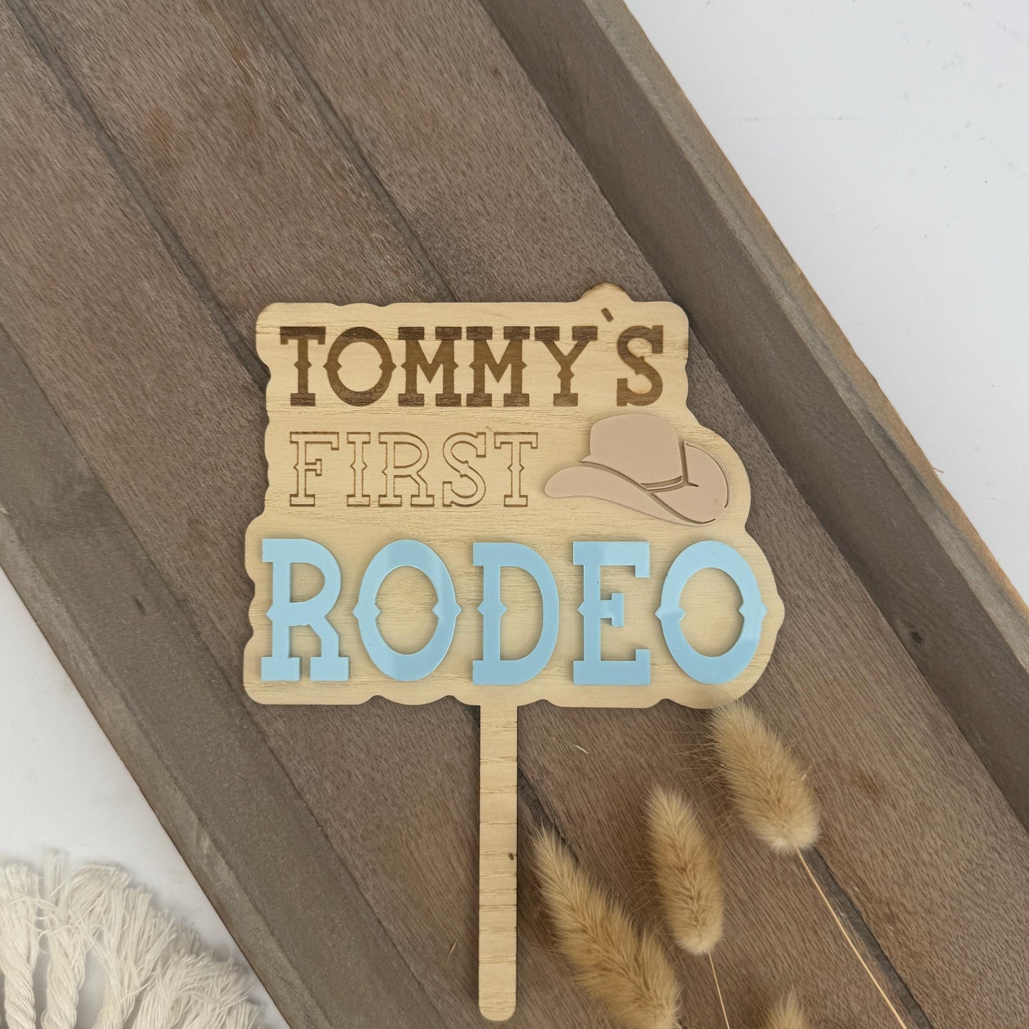 Acrylic and wood first rodeo cake topper, personalised first birthday cake topper, rodeo party