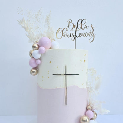 Personalised Christening Name and Long Cross Cake Charm Set