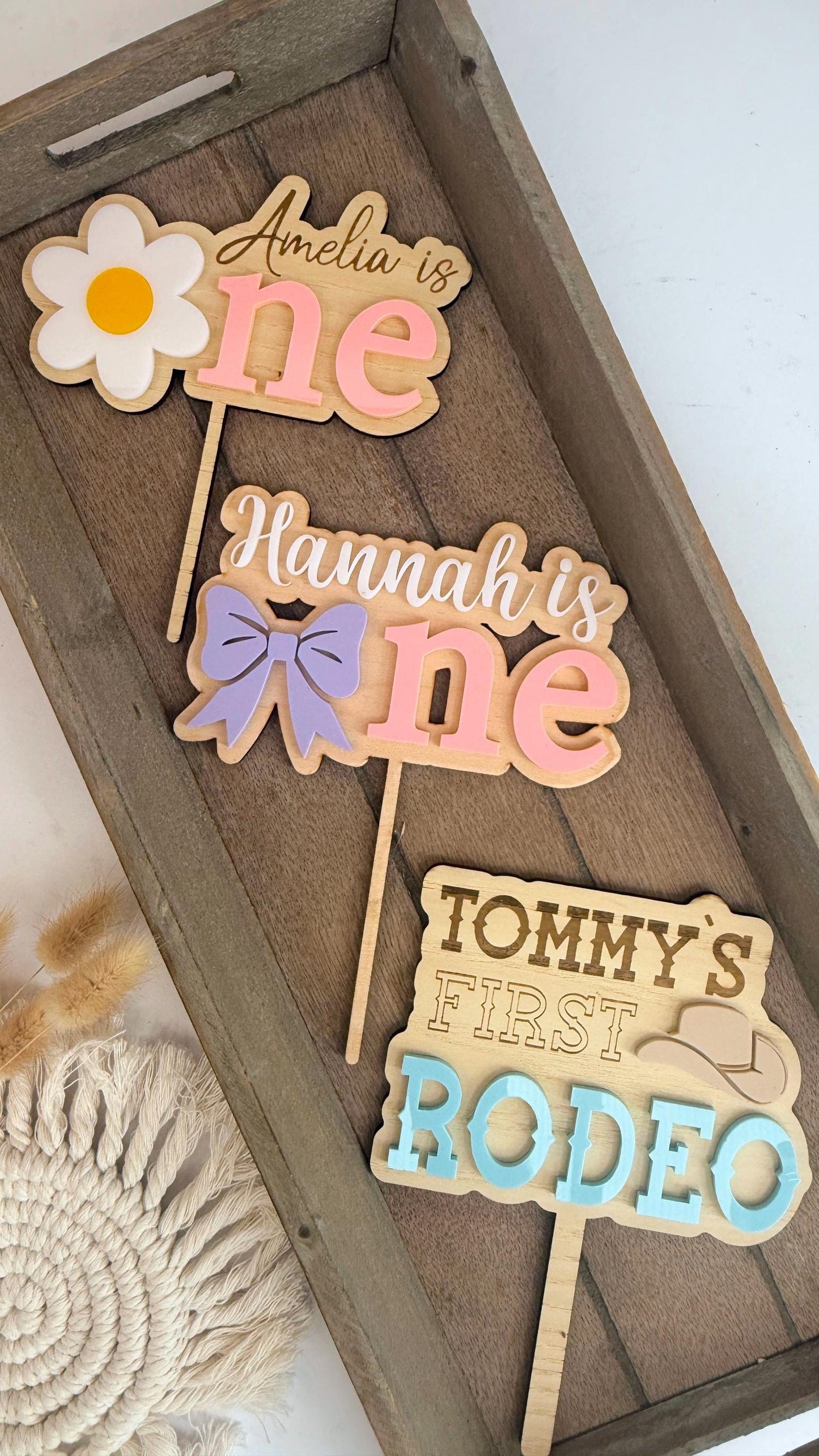 Acrylic and wood daisy cake topper, personalised first birthday cake topper