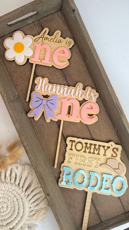 Acrylic and wood daisy cake topper, personalised first birthday cake topper