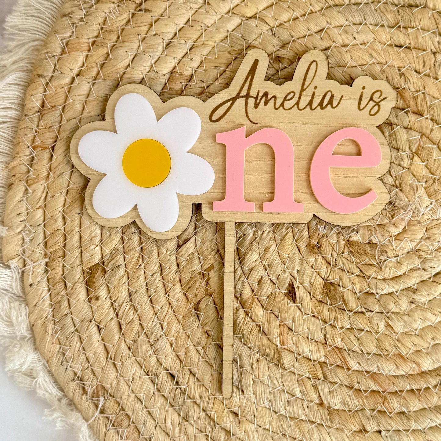 Acrylic and wood daisy cake topper, personalised first birthday cake topper