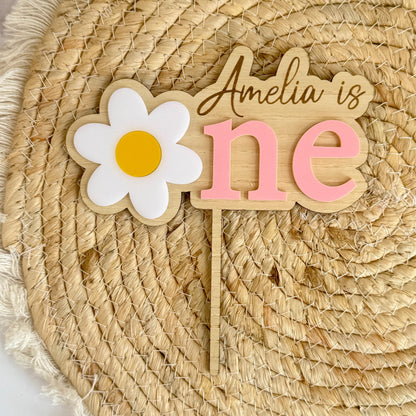 Acrylic and wood daisy cake topper, personalised first birthday cake topper